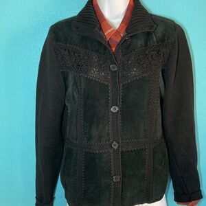 Maurice Sasson Vintage 90's Black Leather & Knit Cardigan Sweater Size S